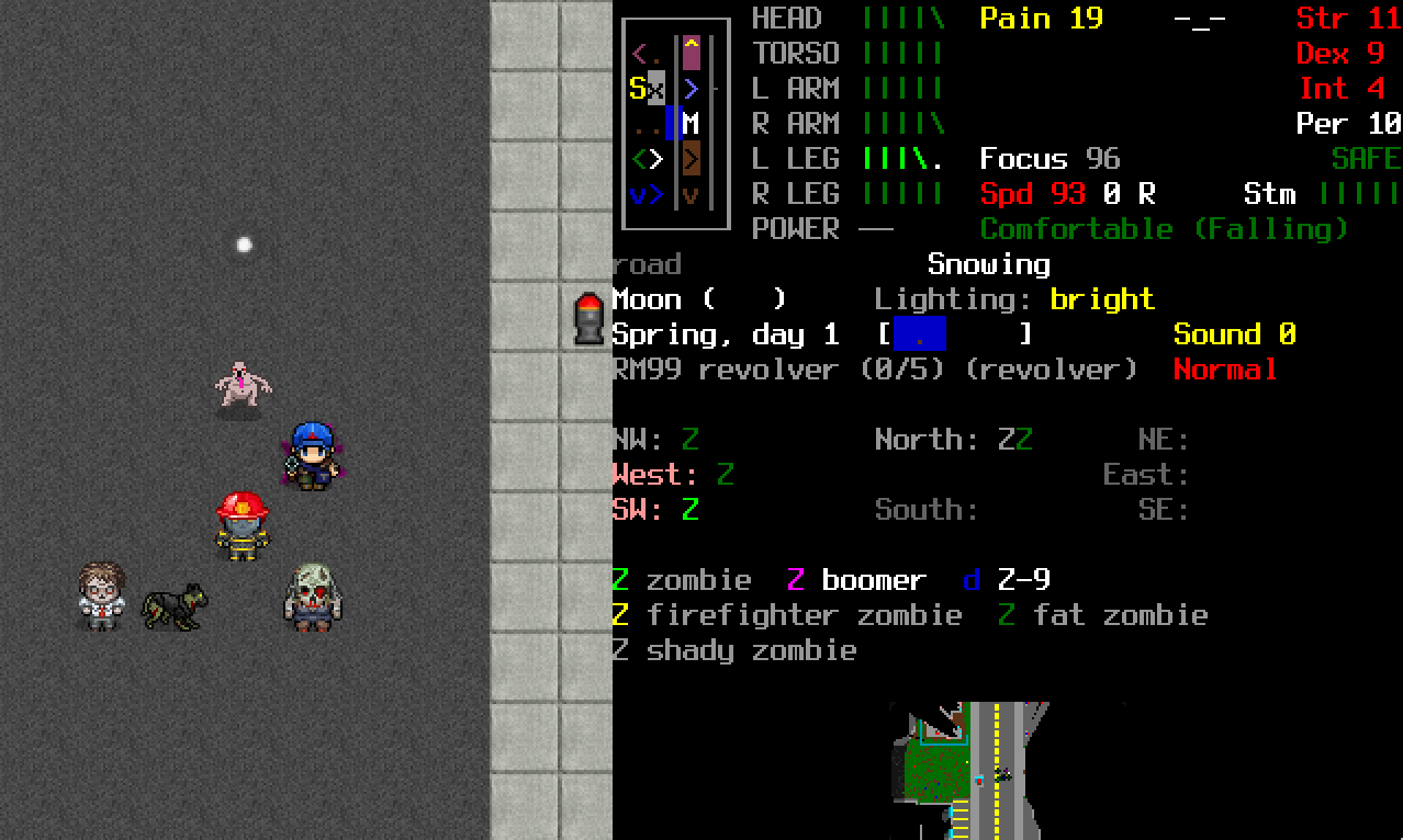 Gameplay screenshot of Cataclysm: Dark Days Ahead showing a player sorrounded by zombies