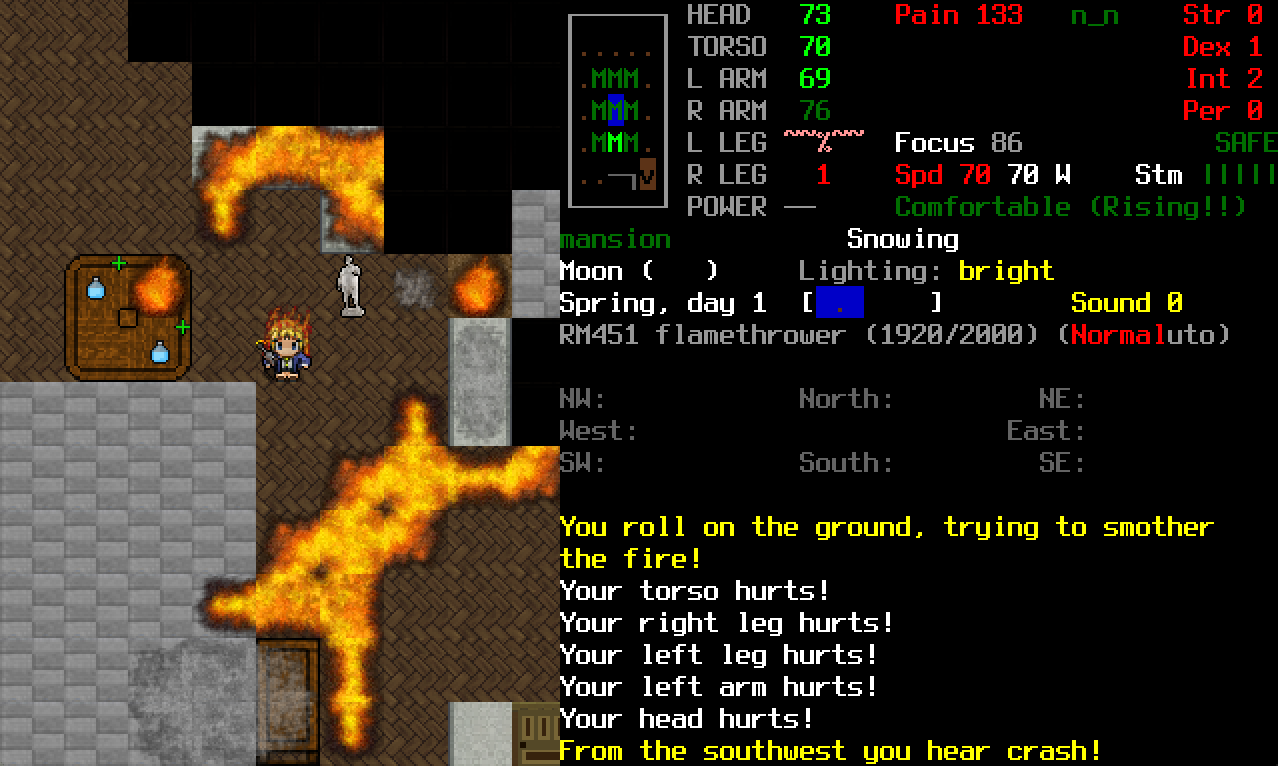 Gameplay screenshot of Cataclysm: Dark Days Ahead showing a player on fire